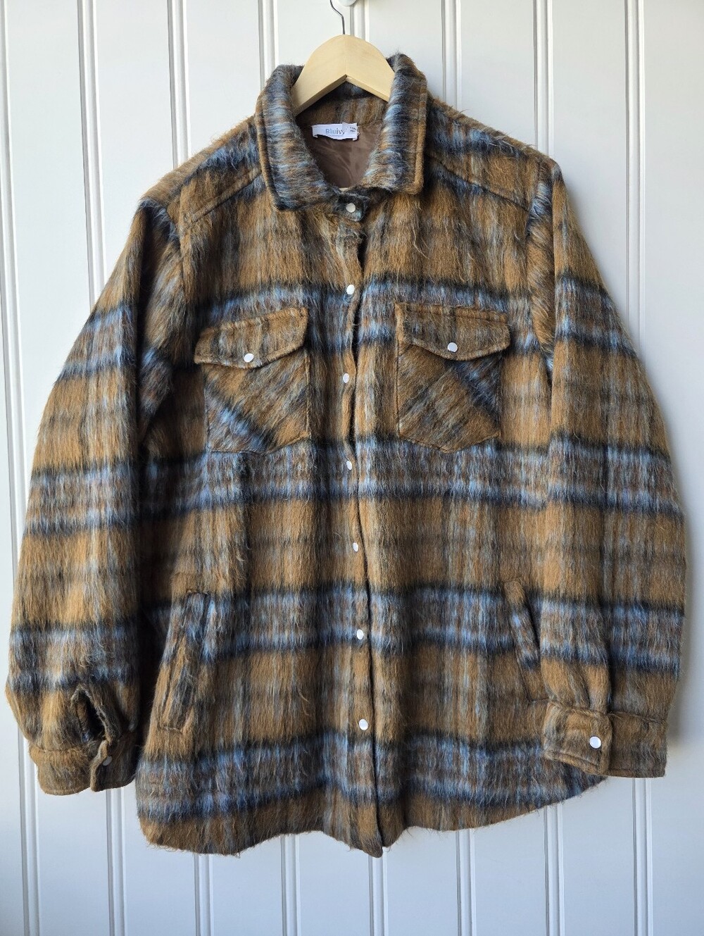Bluivy Brushed Flannel Plaid Wool Blend Shacket Brown Blue Womens Large